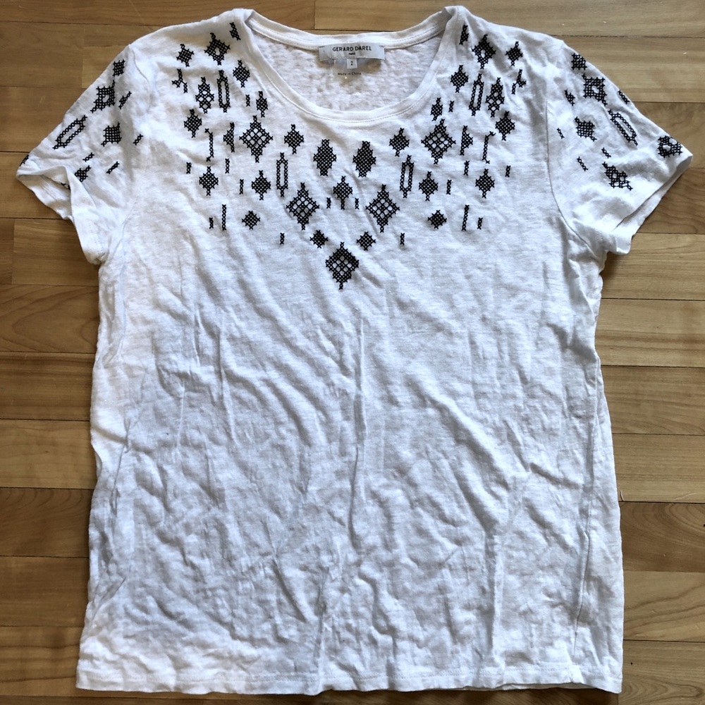 Gerard Darrel Paris white linen tee with embroidery size  2 (S/M)